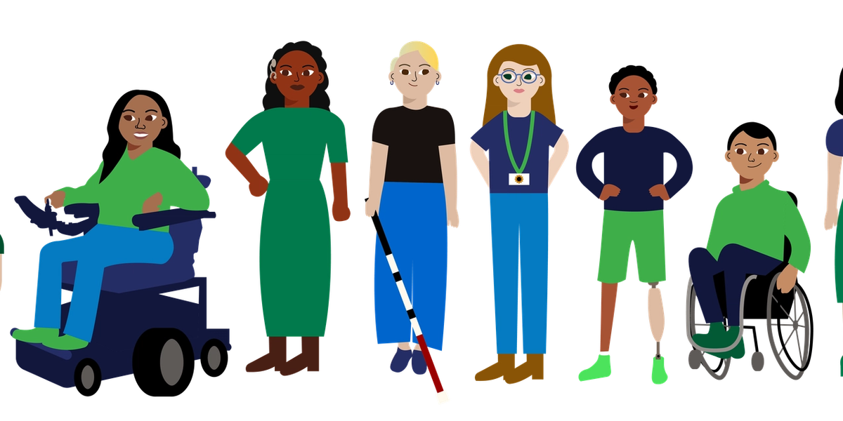 Illustrasjon av ulike personer med nedsatt funksjonsevne